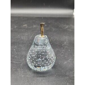 Vtg Art Glass Paperweight Clear Pear Shape Controlled Bubbles Metal Stem